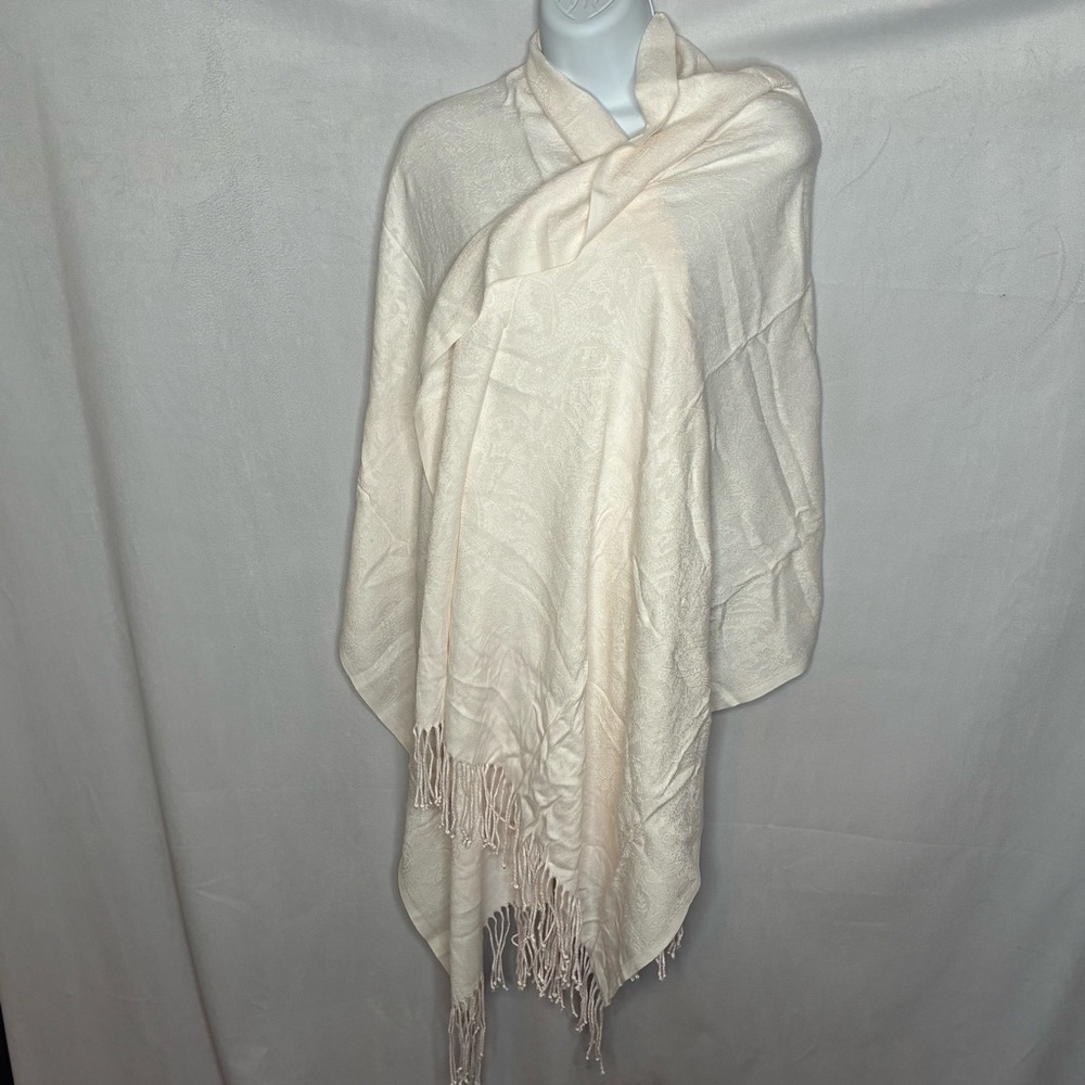 Vintage Cream Fringed Shawl Wrap Pashmina